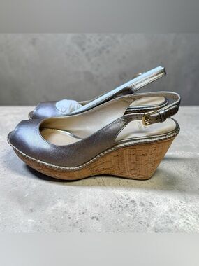 Stuart Weitzman Metallic Silver Cork Wedge Slingback Sandals